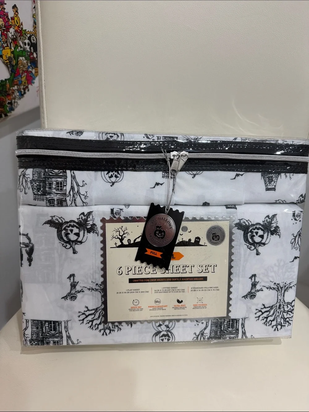 All Hallows Trading Co. Halloween White & Black Spooky Haunted FULL Sheet Set